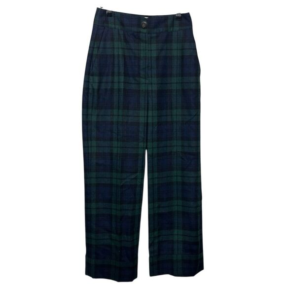Sezane Martin Plaid Wool Blend Trousers Green Navy Wide Leg Size 4 Preppy - Picture 2 of 13